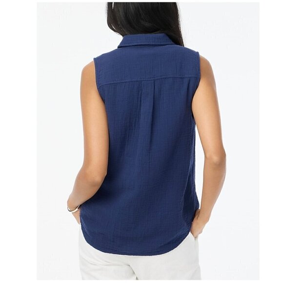 J. Crew Sleeveless Gauze Button Up Collared Tank Top Navy Size S NWT - Picture 2 of 8